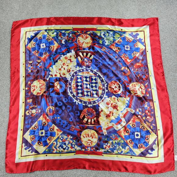 VINTAGE Womens CATHAYA 100% Silk Scarf Wrap 34"X34" Red Blue Multi Print Square - Picture 14 of 16